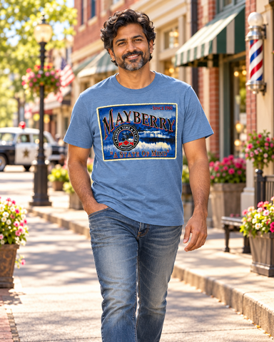 Model wearing Mayberry A State of Mind T-shirt on Main Street