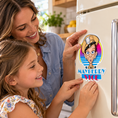 Mother and daughter applying the Mayberry Vice sticker to a refrigerator.