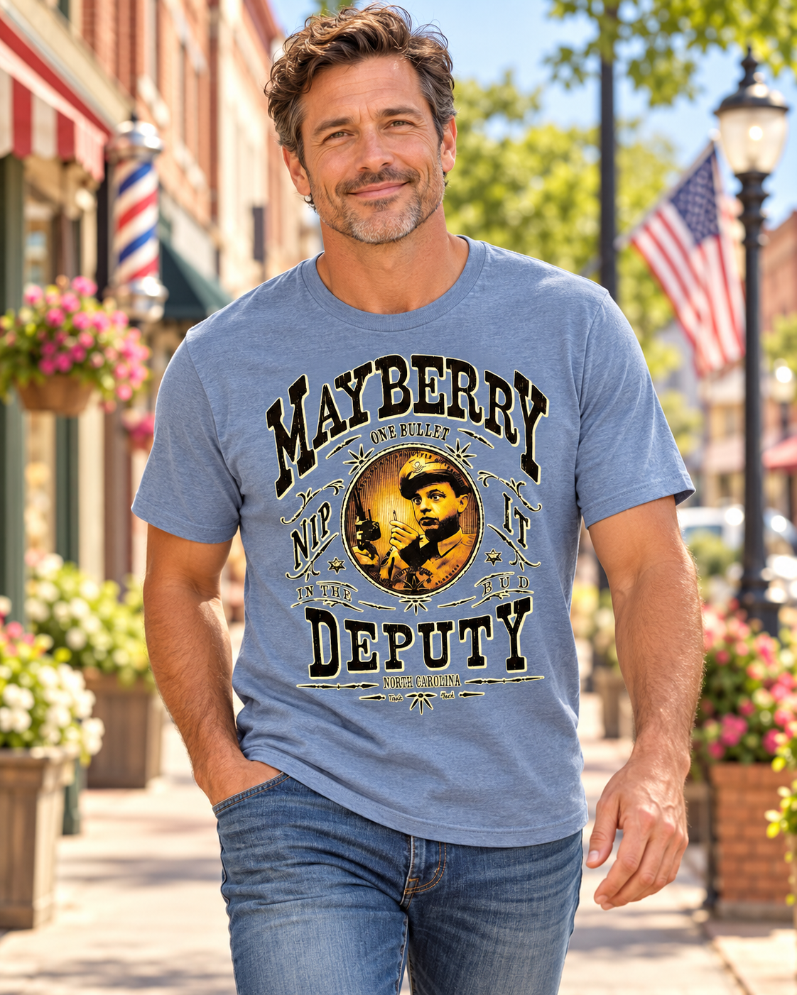 Model wearing Mayberry One Bullet Deputy T-Shirt on Mayberry Main Street