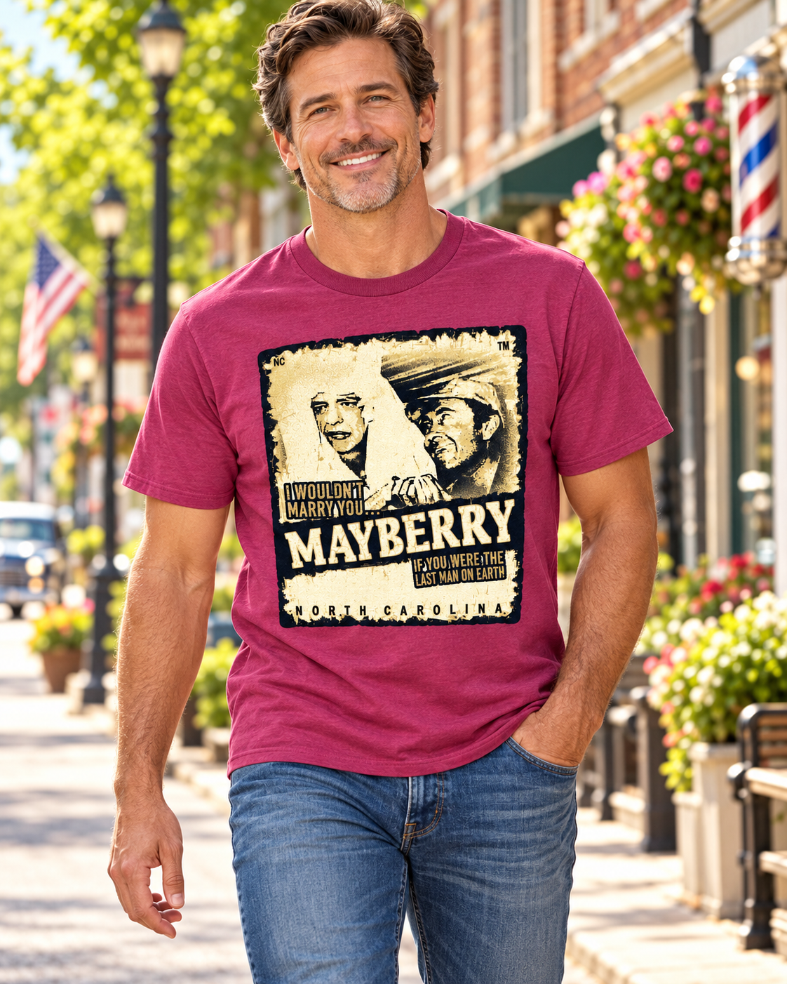 Model wearing Mayberry Last Man on Earth T-Shirt on Mayberry Main Street