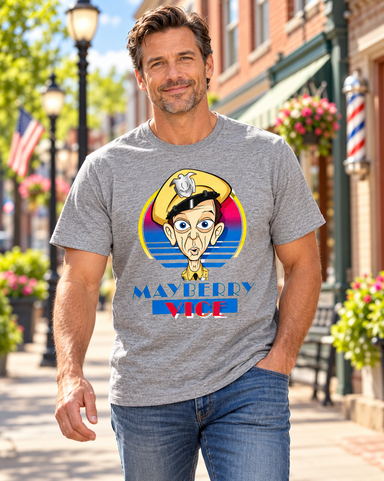 Model wearing Mayberry Vice T-Shirt on Mayberry Main Street