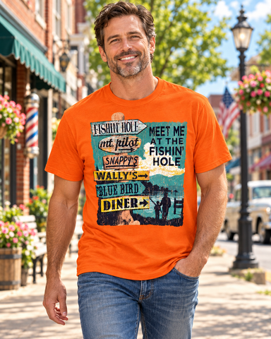 Model wearing Meet Me at the Fishin’ Hole T-Shirt on Mayberry Main Street