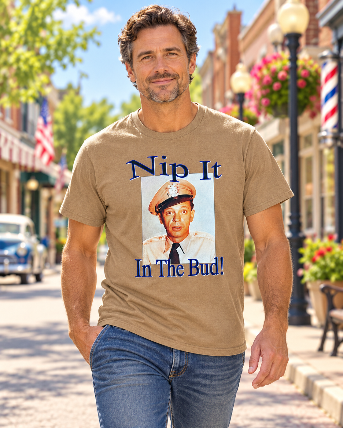 Model wearing Nip It in the Bud T-Shirt on Mayberry Main Street