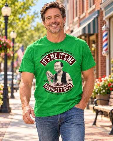 Model wearing Ernest T. Bass It’s Me T-Shirt on Mayberry Main Street