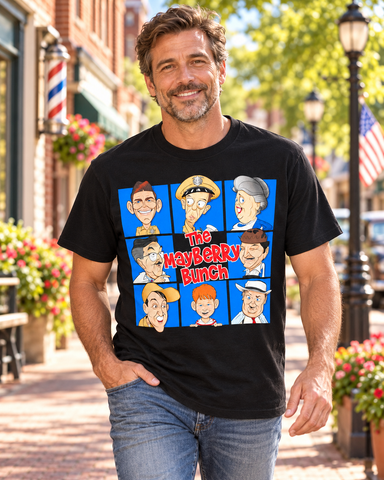 Model wearing The Mayberry Bunch Character T-Shirt – Black on Mayberry Main Street