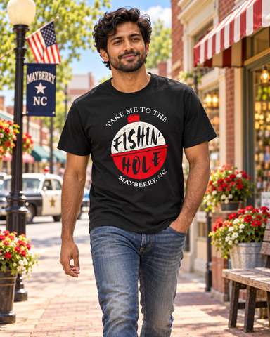Man walking on Mayberry Main Street wearing Take Me to the Fishin’ Hole Tee