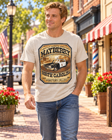 Man walking on Mayberry Main Street wearing Cruzin’ Mayberry Style Squad Car Tee