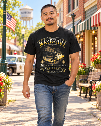 Man walking on Mayberry Main Street wearing Mayberry Life in the Slow Lane Squad Car Tee