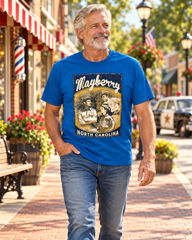 Man walking on Mayberry Main Street wearing Mayberry Character Trio Tee