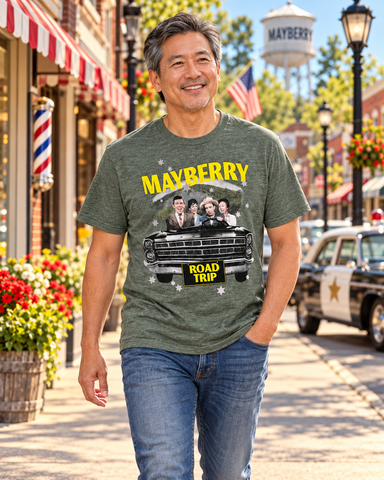 Man walking on Mayberry Main Street wearing Mayberry Road Trip Tee