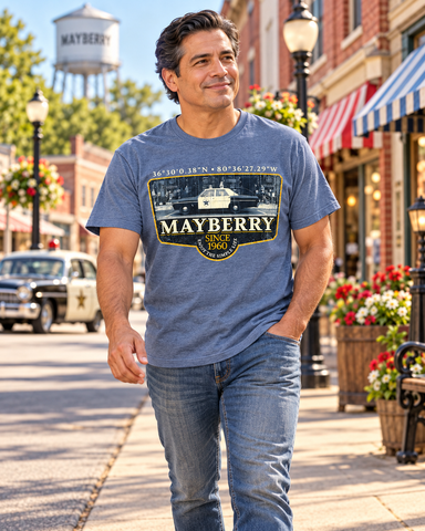 Man walking on Mayberry Main Street wearing Mayberry Since 1960 Coordinates Tee