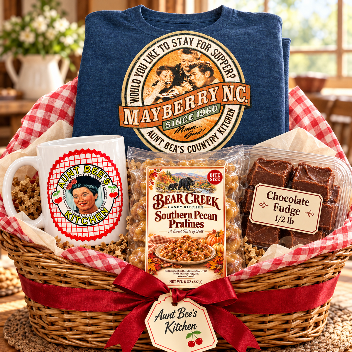 Aunt Bee’s Kitchen Gift Basket with the listed Mayberry merchandise and Bear Creek Southern Pecan Pralines
