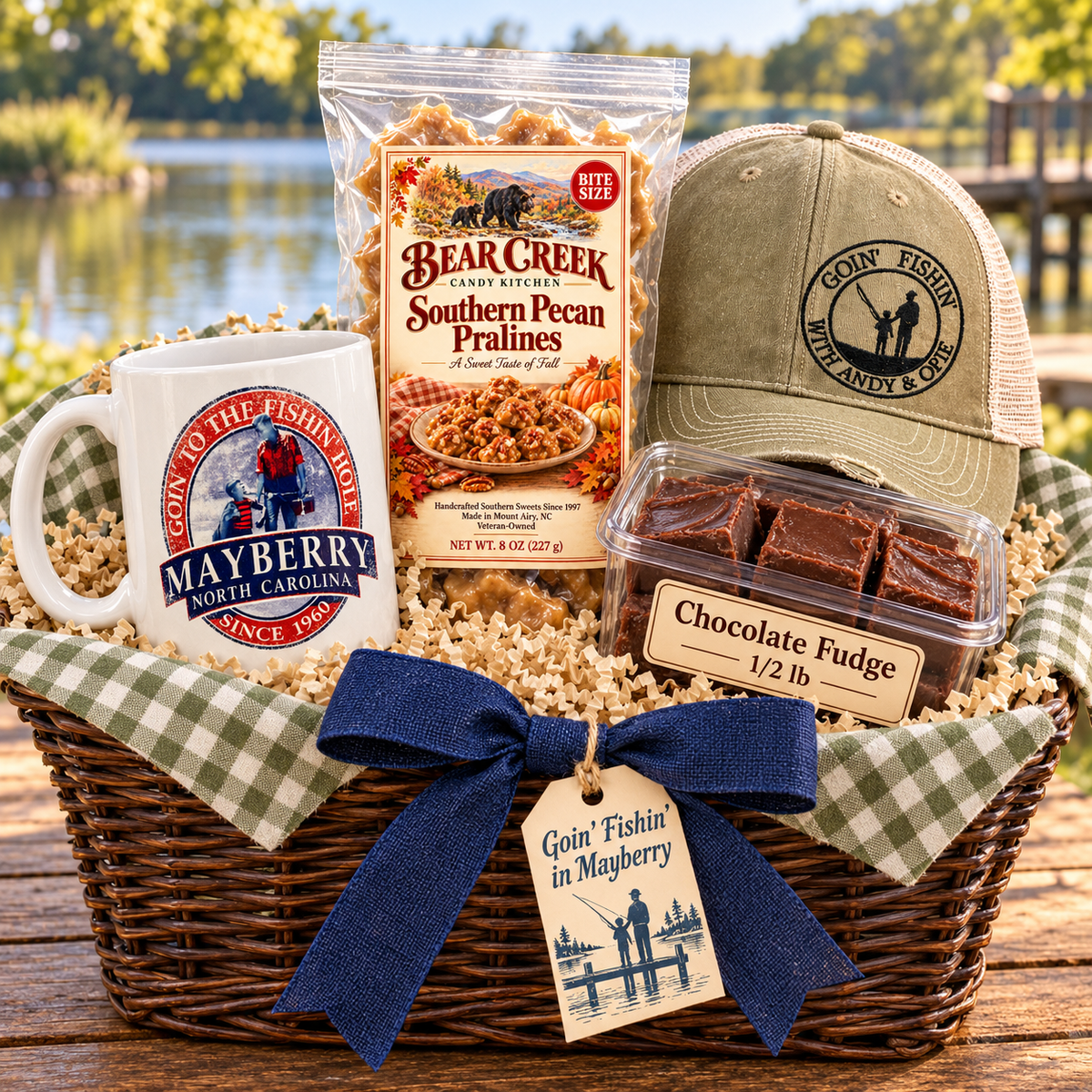 Goin’ Fishin’ in Mayberry Gift Basket with the listed Mayberry merchandise and Bear Creek Southern Pecan Pralines