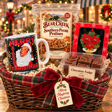 Merry Mayberry Christmas Gift Basket with the listed Mayberry merchandise and Bear Creek Southern Pecan Pralines