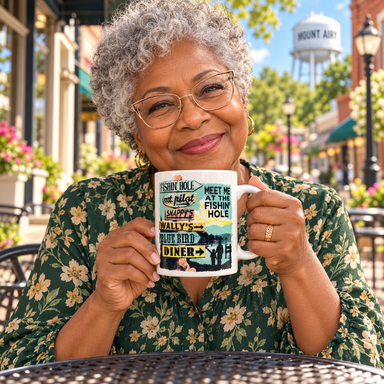 Model enjoying coffee with Meet Me at the Fishin' Hole Mayberry Mug on Mayberry Main Street