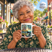 Model enjoying coffee with Meet Me at the Fishin' Hole Mayberry Mug on Mayberry Main Street