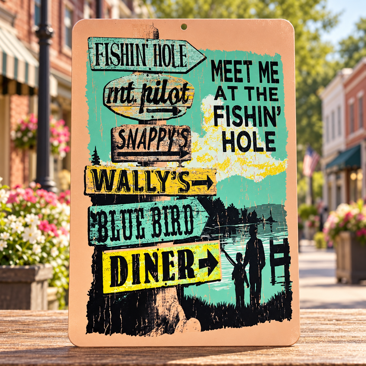 Meet Me at the Fishin Hole Mayberry metal sign displayed on Main Street