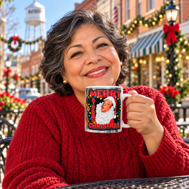 Model enjoying coffee with Merry Mayberry Christmas Mug on Mayberry Main Street