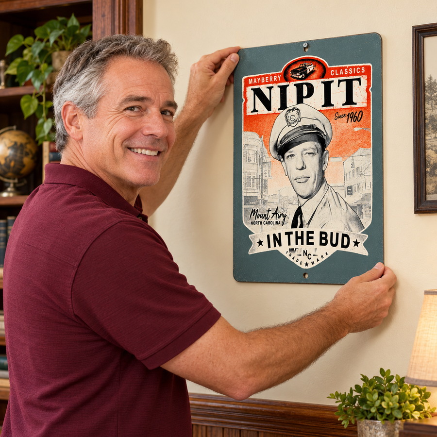 Man placing Mayberry Nip It in the Bud Metal Sign on a wall