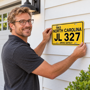 Man placing Mayberry Metal Sign - License Plate on a wall