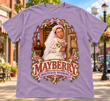 Mayberry Mountain Wedding T-Shirt – Lavender with a Mayberry Main Street background
