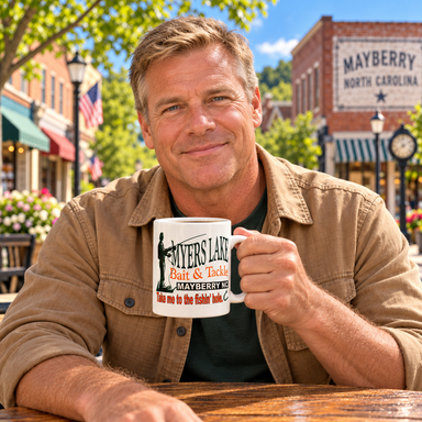 Model enjoying coffee with Myers Lake Bait & Tackle Mug on Mayberry Main Street