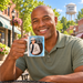 Model enjoying coffee with Nip It in the Bud Full Portrait Mayberry Mug on Mayberry Main Street