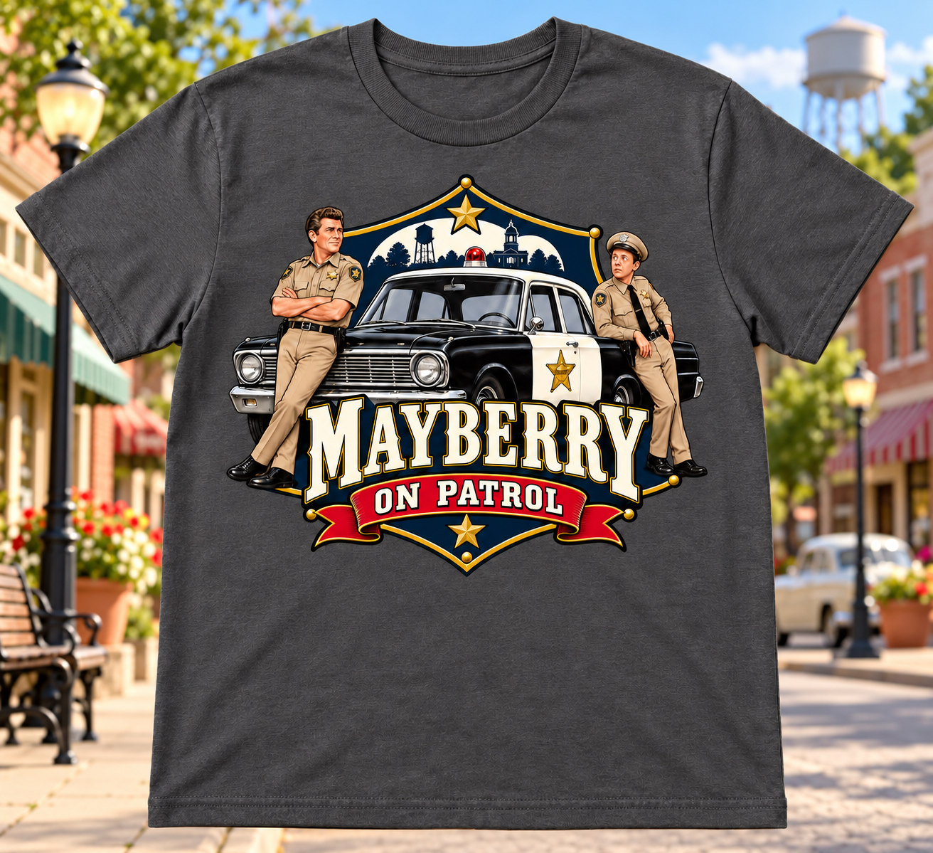Mayberry On Patrol T-Shirt – Charcoal with Mayberry Main Street background