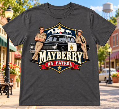 Mayberry On Patrol T-Shirt – Charcoal with Mayberry Main Street background