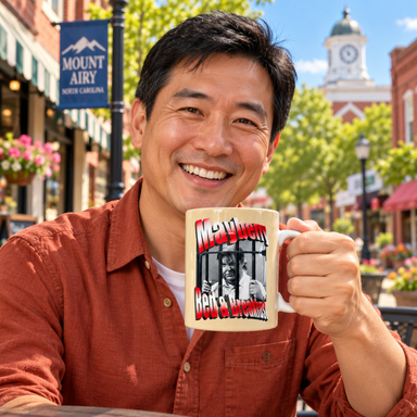 Model enjoying coffee with Otis Campbell Mayberry Bed & Breakfast Mug on Mayberry Main Street