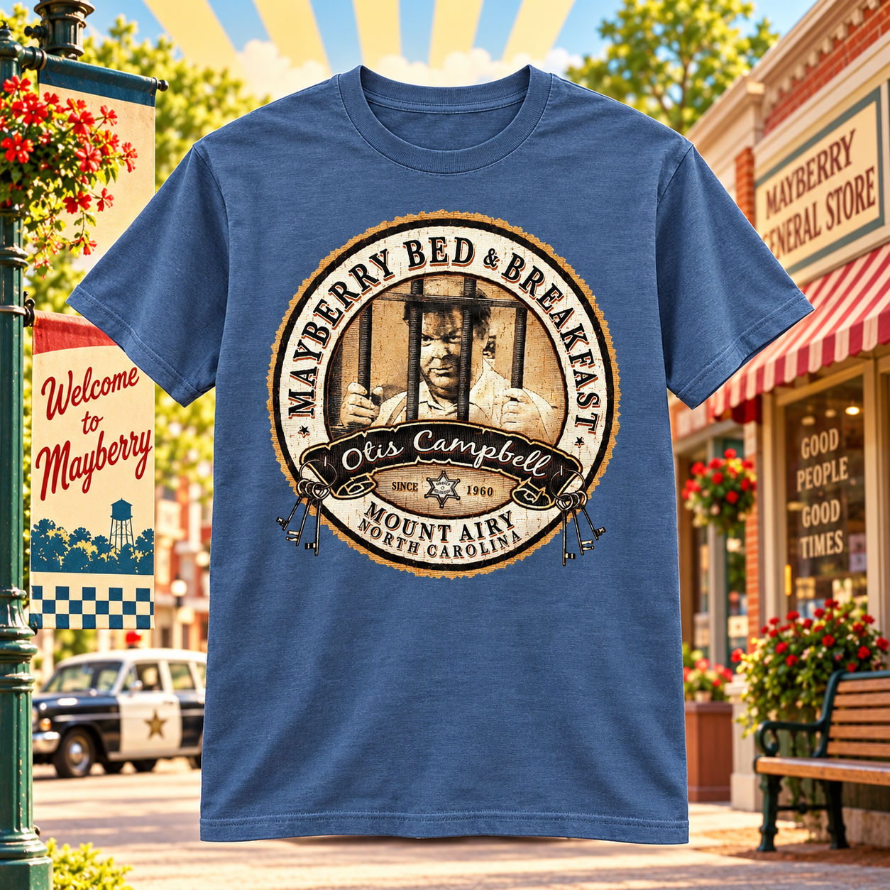 Heather Blue Otis Campbell Mayberry Bed & Breakfast Tee showing the front design