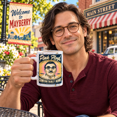 Model enjoying coffee with Pixie Flash Comfortably Numb Mug on Mayberry Main Street
