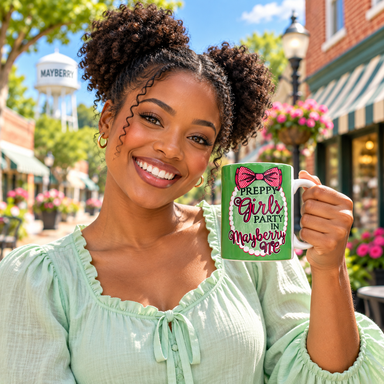 Model enjoying coffee with Preppy Girls Party in Mayberry Mug on Mayberry Main Street