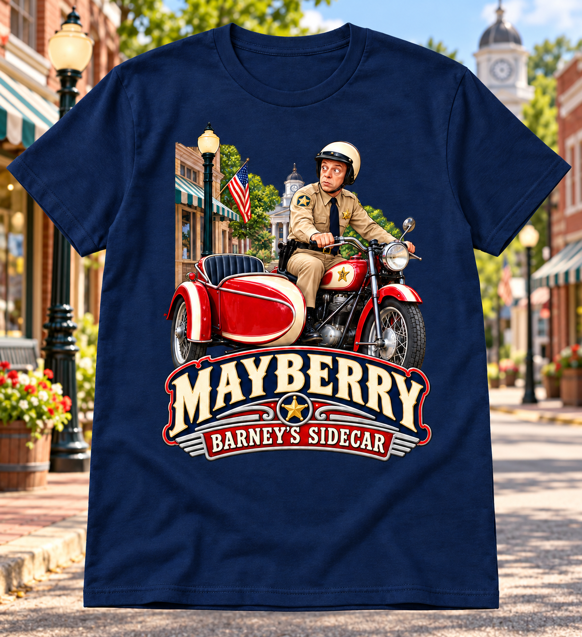 Mayberry Barney's Sidecar T-Shirt – Navy with a Mayberry Main Street background