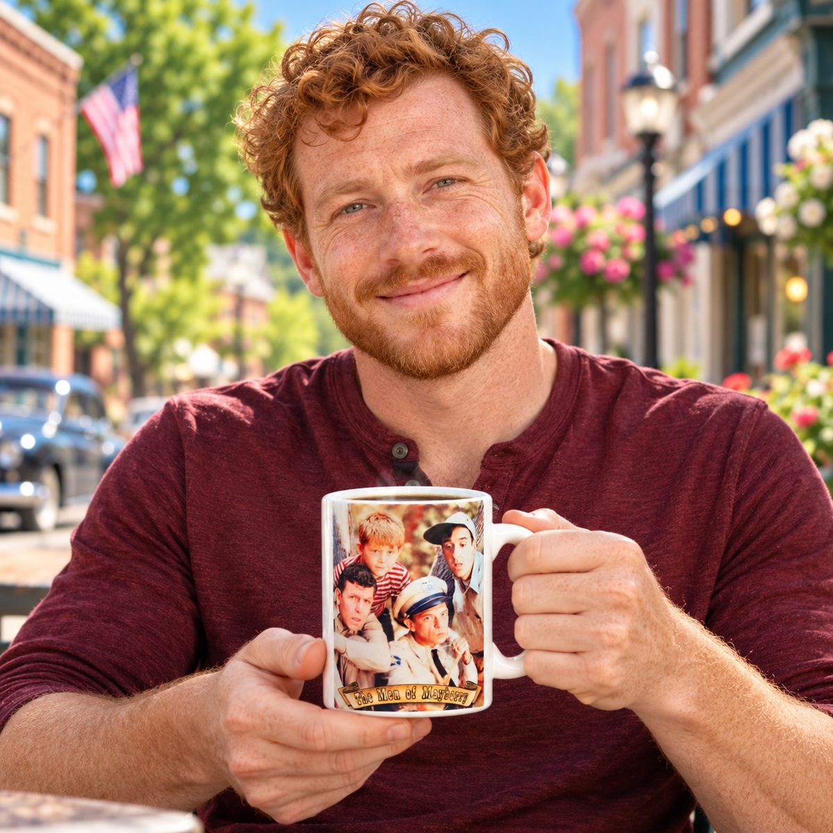 Model enjoying coffee with The Men of Mayberry Mug on Mayberry Main Street