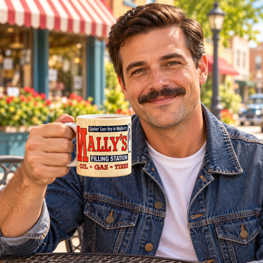 Model enjoying coffee with Wally's Filling Station Mug on Mayberry Main Street