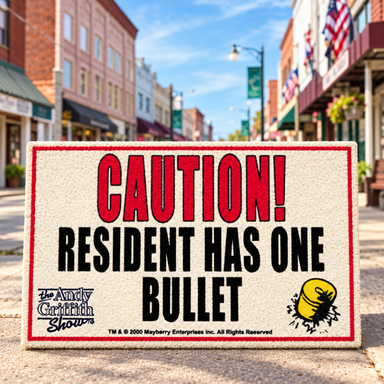 Caution One Bullet Welcome Mat on Main Street in Mount Airy